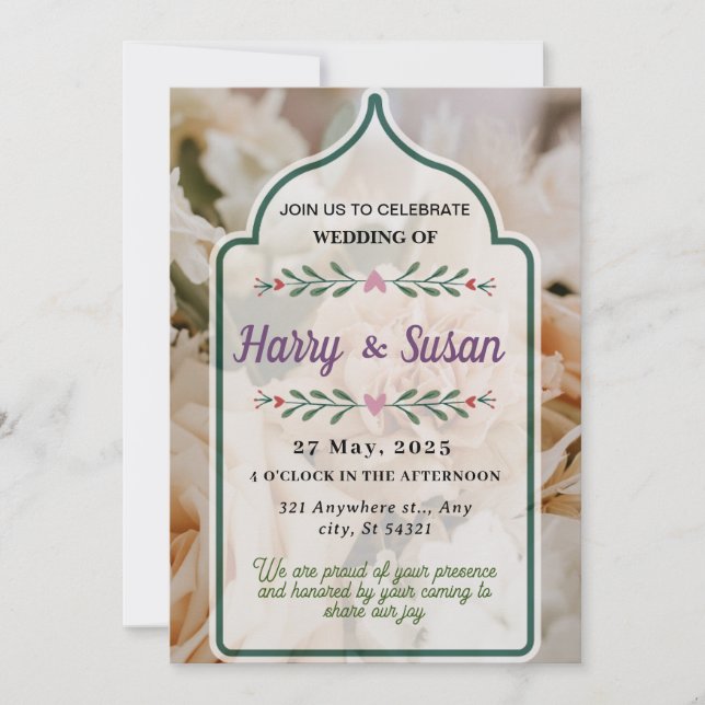 Elegant wedding,bouquet of flowers,green frame invitation (Front)