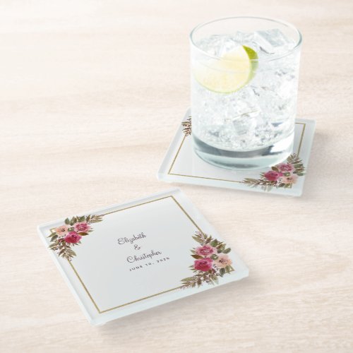Elegant Wedding Bride and Groom Chic Floral Cassis Glass Coaster