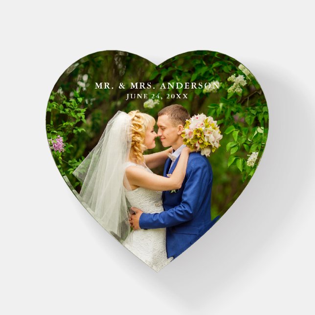 Elegant Wedding Bride and Groom Photo Heart Paperweight (Front)