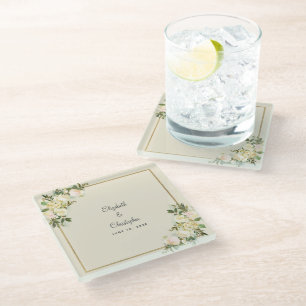 Elegant Wedding Bride & Groom Chic Floral Roses Glass Coaster