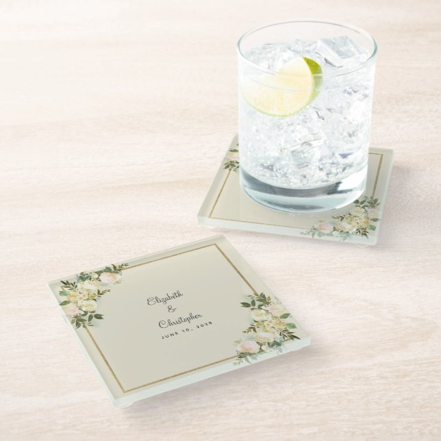 Elegant Wedding Bride & Groom Chic Floral Roses Glass Coaster (Angled)