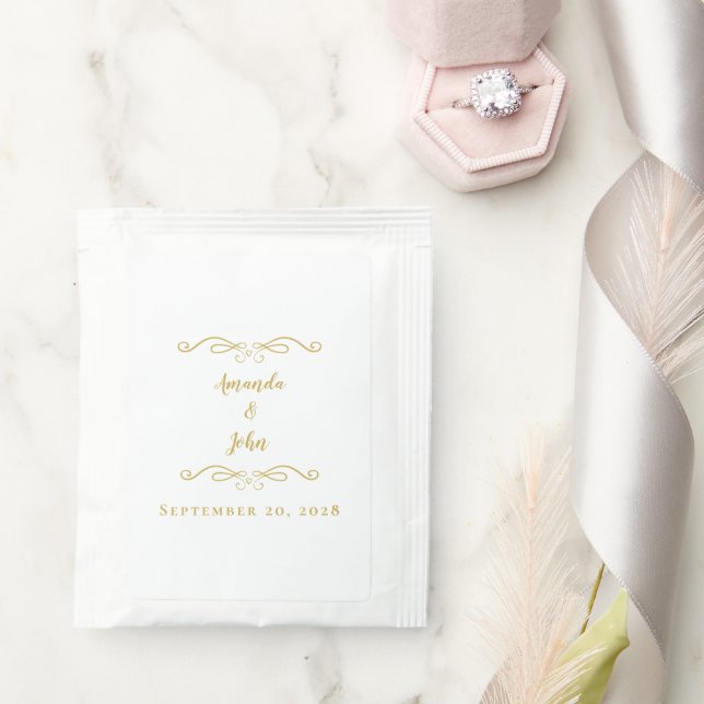 Elegant Wedding Bride Groom Names Date Gold White Tea Bag Drink Mix (Wedding)