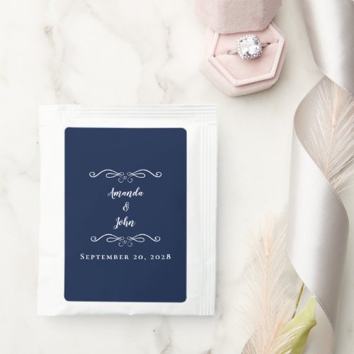 Elegant Wedding Bride Groom Names Navy Blue Favor Tea Bag Drink Mix