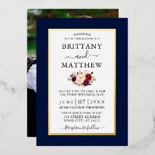 Elegant Wedding Burgundy Floral Blue Photo Gold Foil Invitation