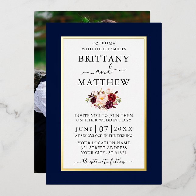 Elegant Wedding Burgundy Floral Blue Photo Gold Foil Invitation (Front/Back)