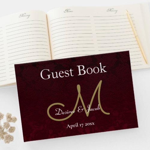 Elegant Wedding Burgundy Gold White Monogram Guest Book