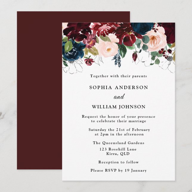 Elegant Wedding: Burgundy, Navy & Blush Flowers Invitation (Front/Back)