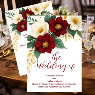 Elegant Wedding Burgundy White Gold Flowers Invitation