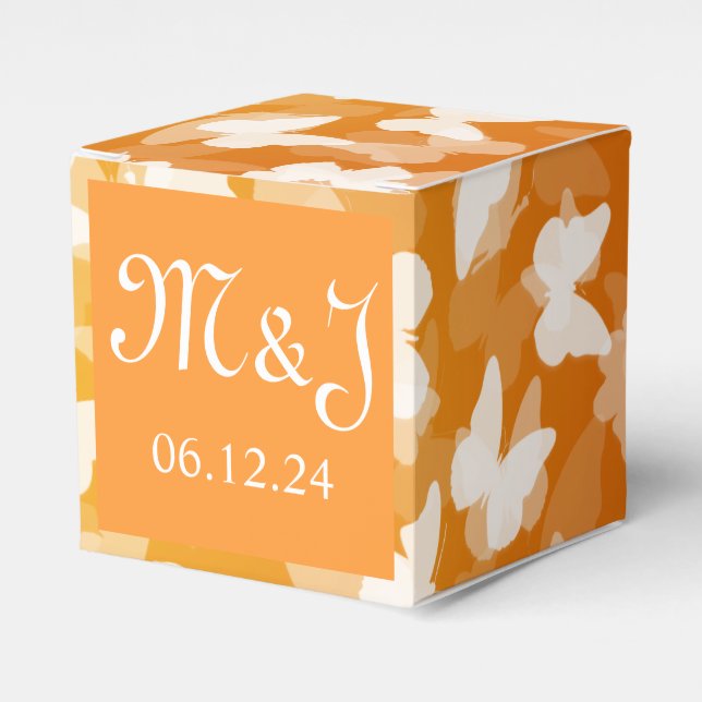 Elegant Wedding Butterflies Monogram Orange Favor Boxes (Front Side)