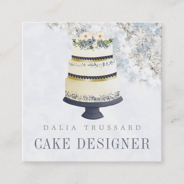 Elegant Wedding Cake Designer Bakery Gold Marble Square Business Card (Front)