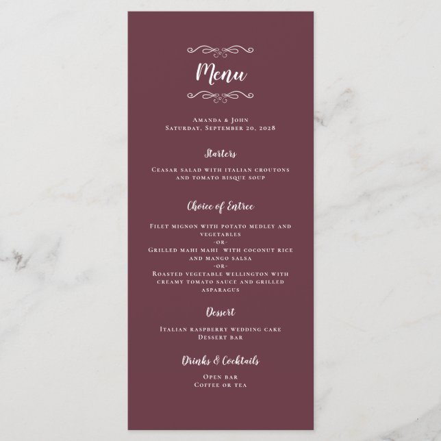 Elegant Wedding Calligraphy Burgandy Dinner Menu (Front)
