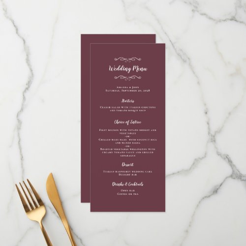 Elegant Wedding Calligraphy Burgundy White Dinner Menu