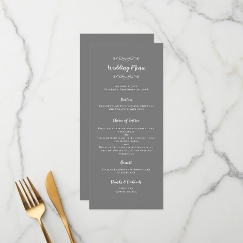 Elegant Wedding Calligraphy Chic Gray White Dinner Menu