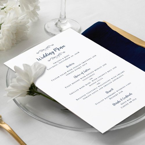 Elegant Wedding Calligraphy Chic Navy Blue Dinner Menu