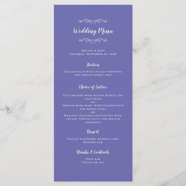 Elegant Wedding Calligraphy Chic Periwinkle Blue   Menu (Front)