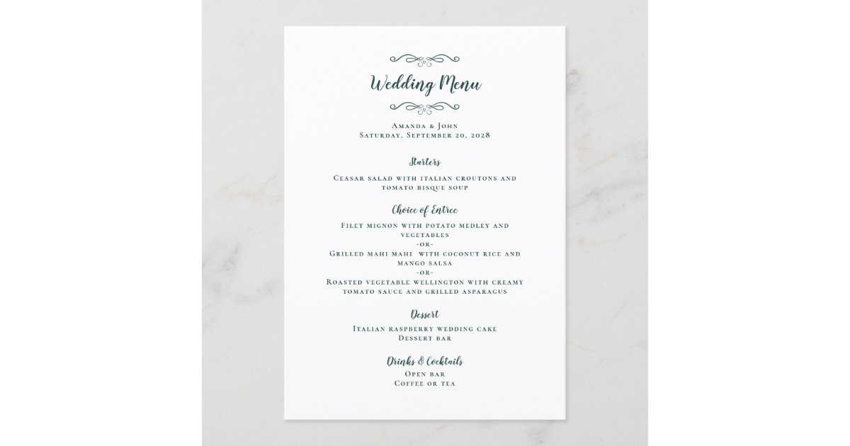 Elegant Wedding Calligraphy Emerald Green Dinner Menu Zazzle