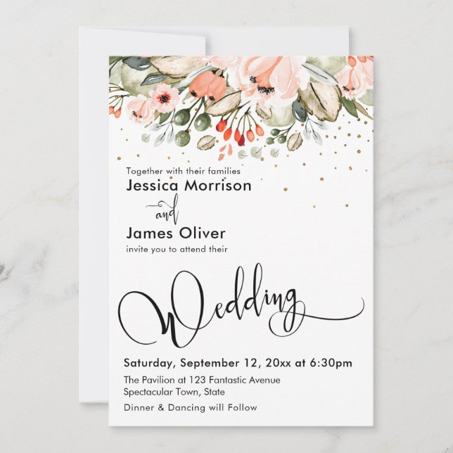 Elegant Wedding Calligraphy Floral & Gold Confetti Invitation (Front)