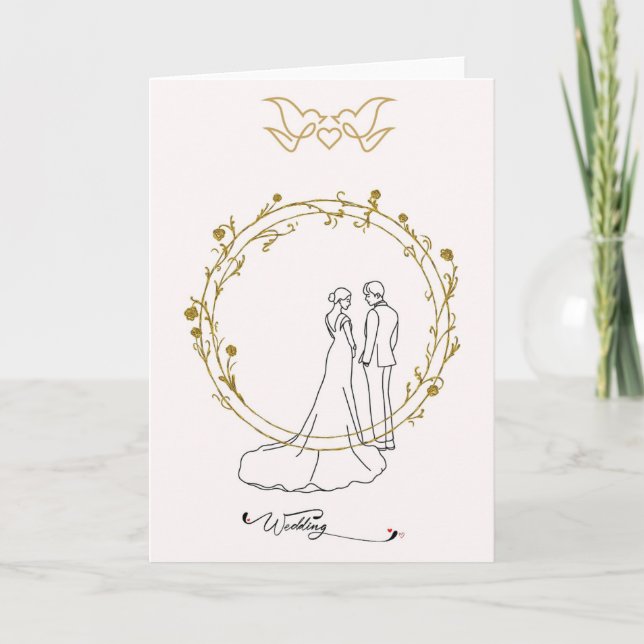 Elegant wedding card with bride and groom & golden (Front)