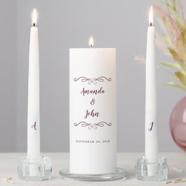 Elegant Wedding Ceremony Bride Groom Chic Burgundy Unity Candle Set (In Situ)