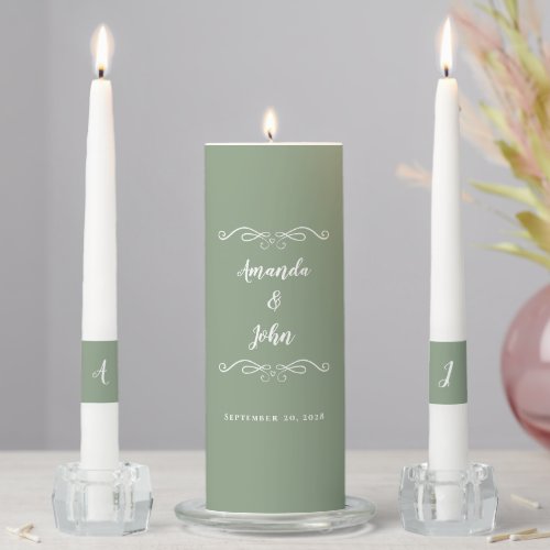 Elegant Wedding Ceremony Bride  Groom Sage Green Unity Candle Set