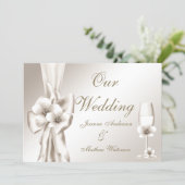 Elegant Wedding Champagne Floral Cream Bow Invitation (Standing Front)