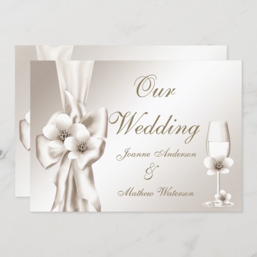 Elegant Wedding Champagne Floral Cream Bow Invitation