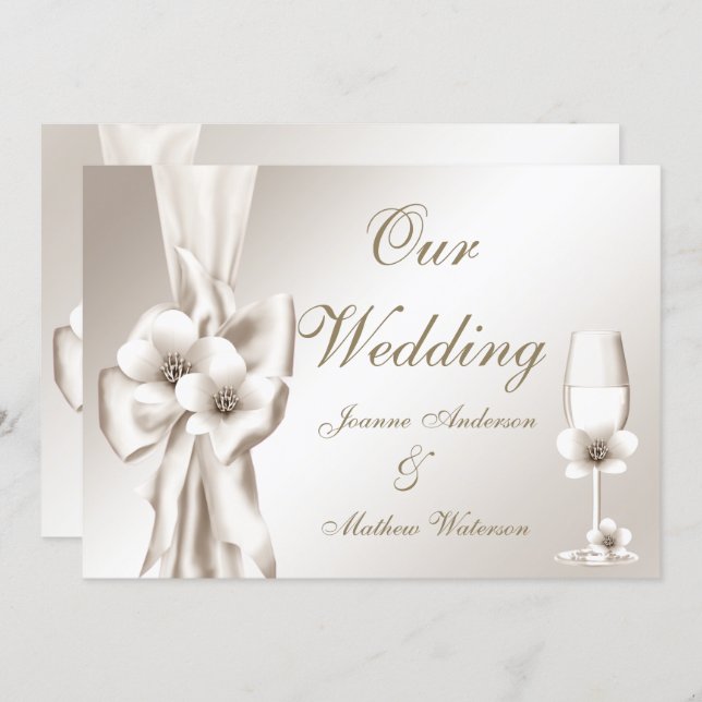 Elegant Wedding Champagne Floral Cream Bow Invitation (Front/Back)