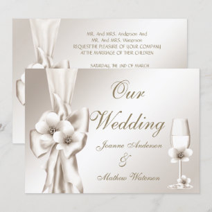 Elegant Wedding Champagne Floral Cream Bow Invitation