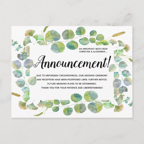 Elegant Wedding Change of Plan Postponed Canceled Postcard