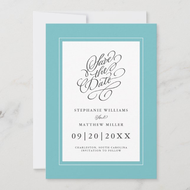 Elegant Wedding Chic Calligraphy Aqua Blue Green Save The Date (Front)