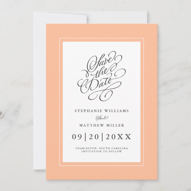 Elegant Wedding Chic Calligraphy Trendy Peach Chic Save The Date (Front)