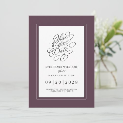 Elegant Wedding Chic Trendy Script Moody Purple Save The Date
