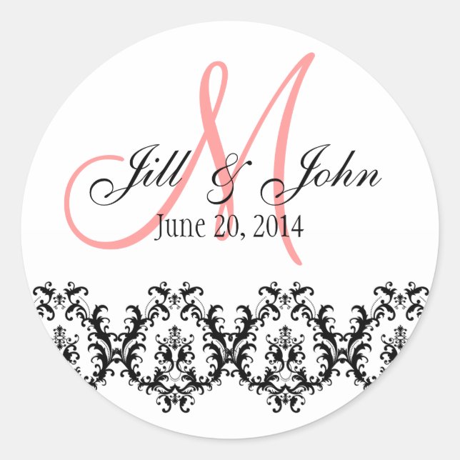 Elegant Wedding Coral Monogram Save the Date Classic Round Sticker (Front)