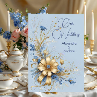 Elegant Wedding Cornflower Blue Gold Flowers Invitation