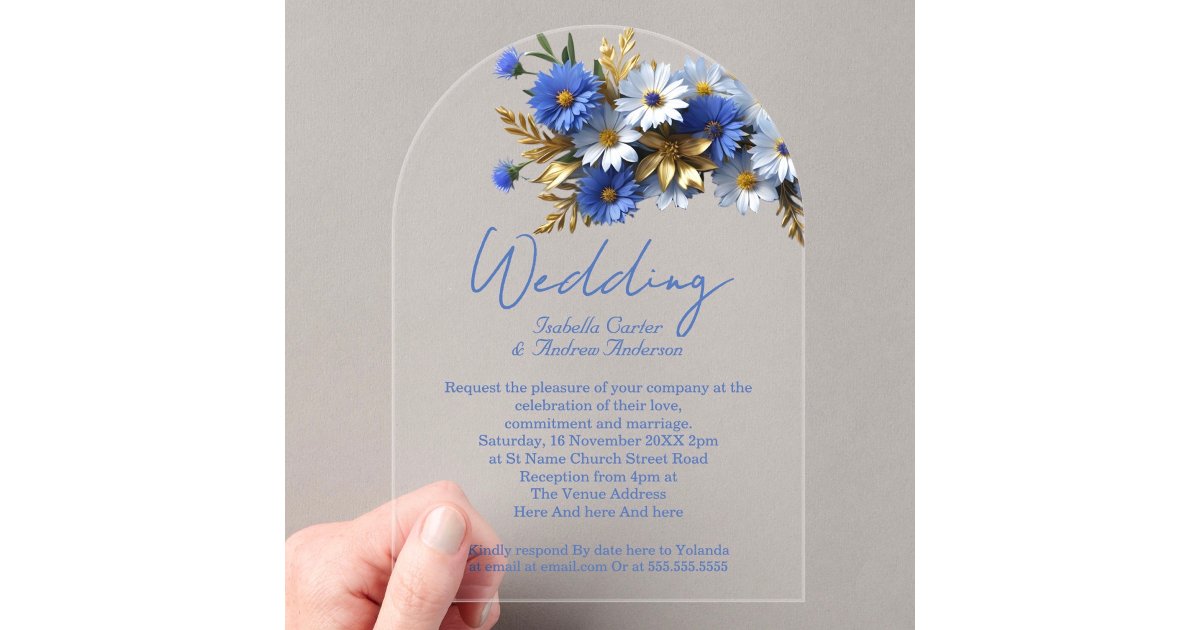 Elegant Wedding Cornflower Blue White Gold Acrylic Invitations | Zazzle