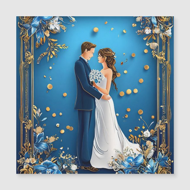 Elegant Wedding Couple Embracing with Floral Frame Magnetic Invitation (Front)