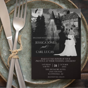 Elegant Wedding Couple Halloween Castle House Invitation