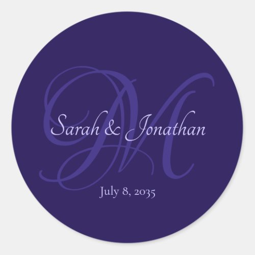 Elegant Wedding Couple Monogram Blue Modern Script Classic Round Sticker