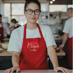 Elegant Wedding Couple Name Red Ivory Color  Apron