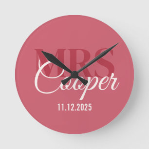 Elegant Wedding Couple Name Red Ivory Color Round Clock