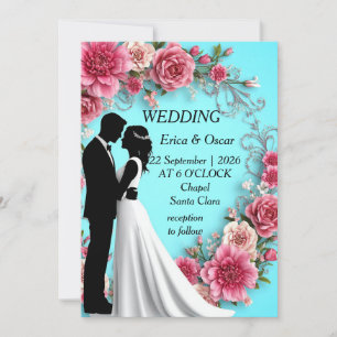 🌸 Elegant Wedding Couple Silhouette Pink Roses Invitation