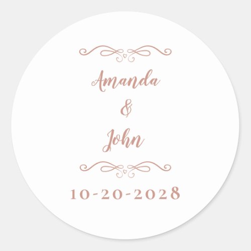 Elegant Wedding Couples Names Chic Rose Gold Pink Classic Round Sticker