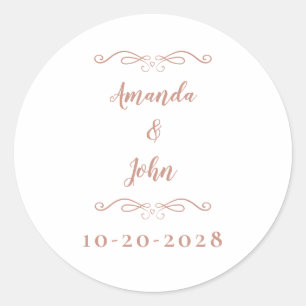 Elegant Wedding Couples Names Chic Rose Gold Pink Classic Round Sticker