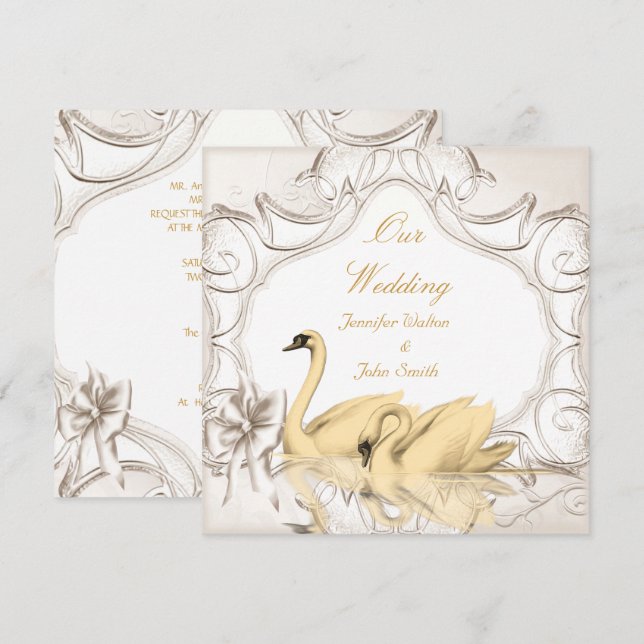 Elegant Wedding Cream Gold White Swans Bow Set Invitation (Front/Back)