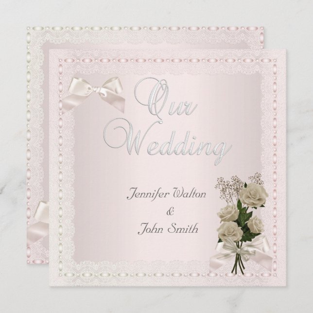 Elegant Wedding Cream Pink Lace Bow Rose Invitation (Front/Back)
