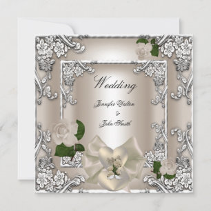 Elegant Wedding Cream Rose Silver Invitation