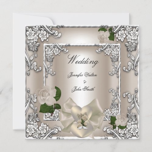Elegant Wedding Cream Rose Silver Invitation