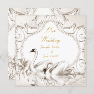 Elegant Wedding Cream White Swans Bow Invitation