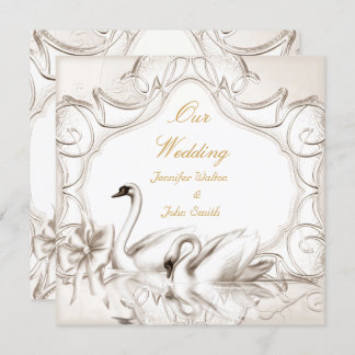 Elegant Wedding Cream White Swans Bow Invitation