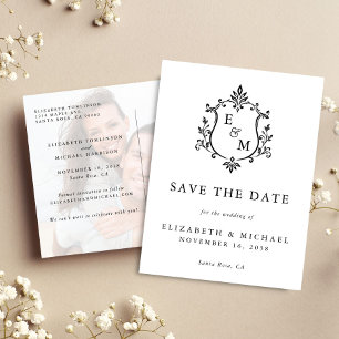 Elegant Wedding Crest Monogram Photo Save The Date Announcement Postcard